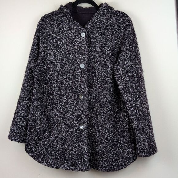 J. Jill purejill Reversible Marled Dark Fig Jacket Button Front Hooded Coat Cozy - Picture 2 of 10